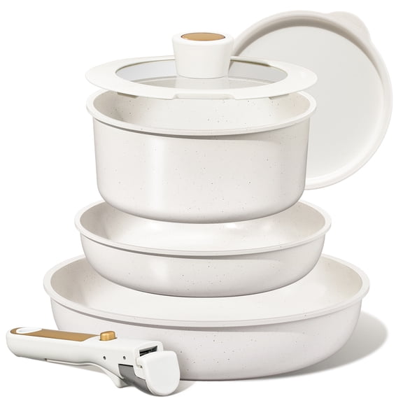 Carote Nonstick Detachable Pots and Pans Set, 6 Pieces Non Toxic Cookware Set with Induction, Oven/Dishwasher Safe, Easy for Storage, Granite White