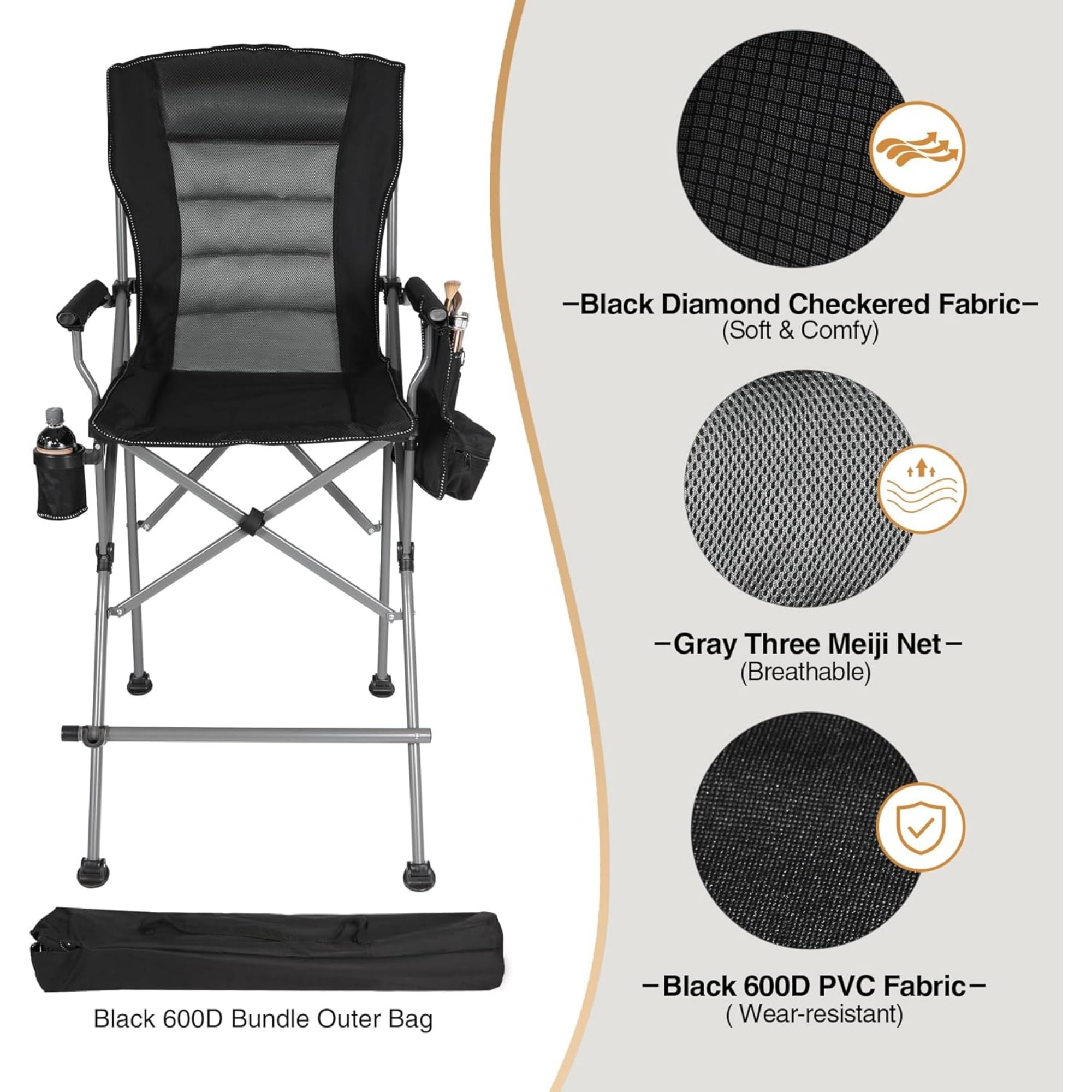 REDCAMP Extra Tall Folding Chairs for Adults 330lbs, Portable Bar Height Foldable Director Chairs for Camping Outside, Comfortable with Makeup Pocket, High Back and Footrest, Black