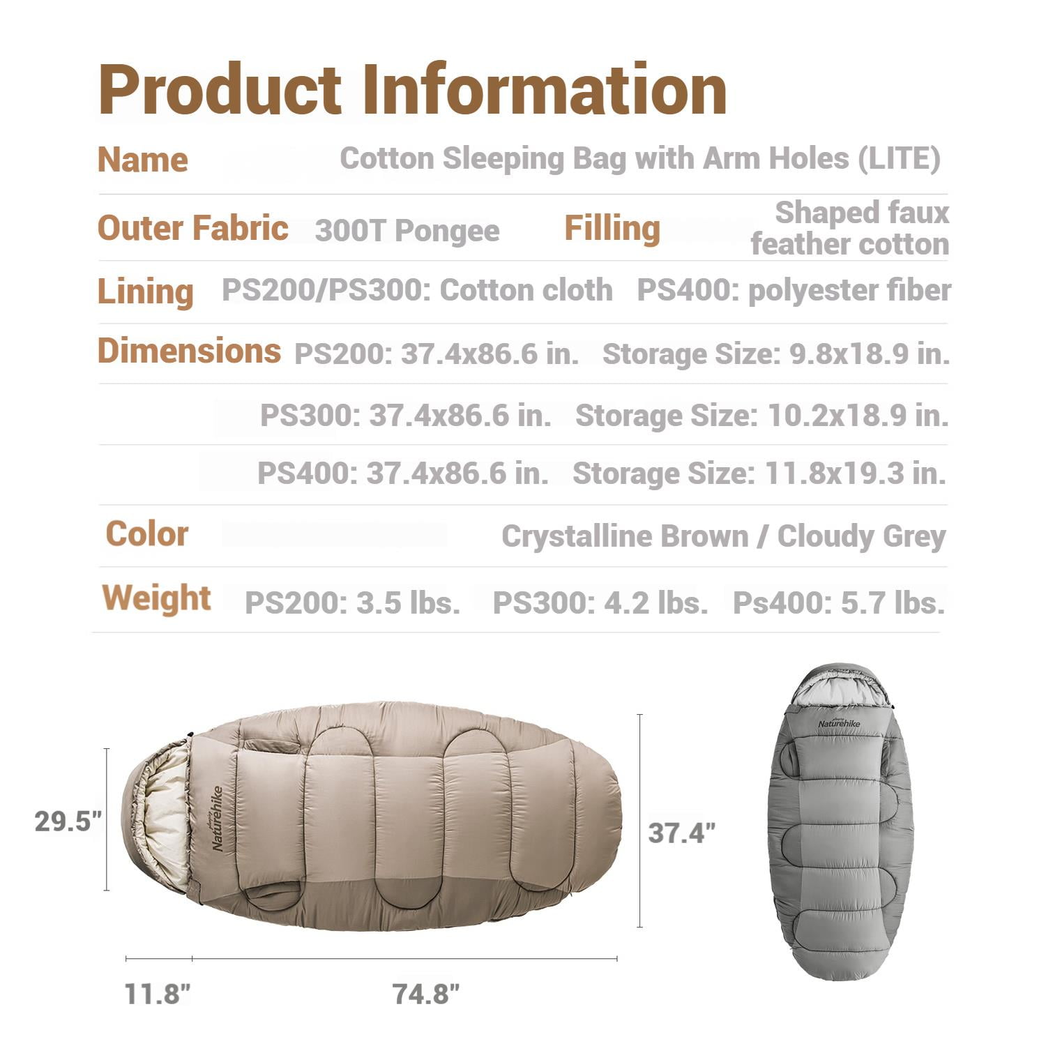 Naturehike, Cotton Sleeping Bag with Arm Holes,  Oversize Sleeping Bag for Adults with Hood, Extra Wide Wearable Cotton Sleeping Bag, Skin-friendly, Machine Washable, For Home/Office/Travel/Camping