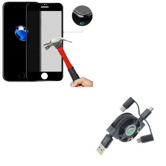iPhone 8/7/6S/6 - Retractable USB Cable w Tempered Glass Privacy Screen Protector - Charger Power Cord 3-in-1 Wire, Curved Anti-Spy Anti-Peep 4D Edge Case Friendly for iPhone 8/7/6S/6