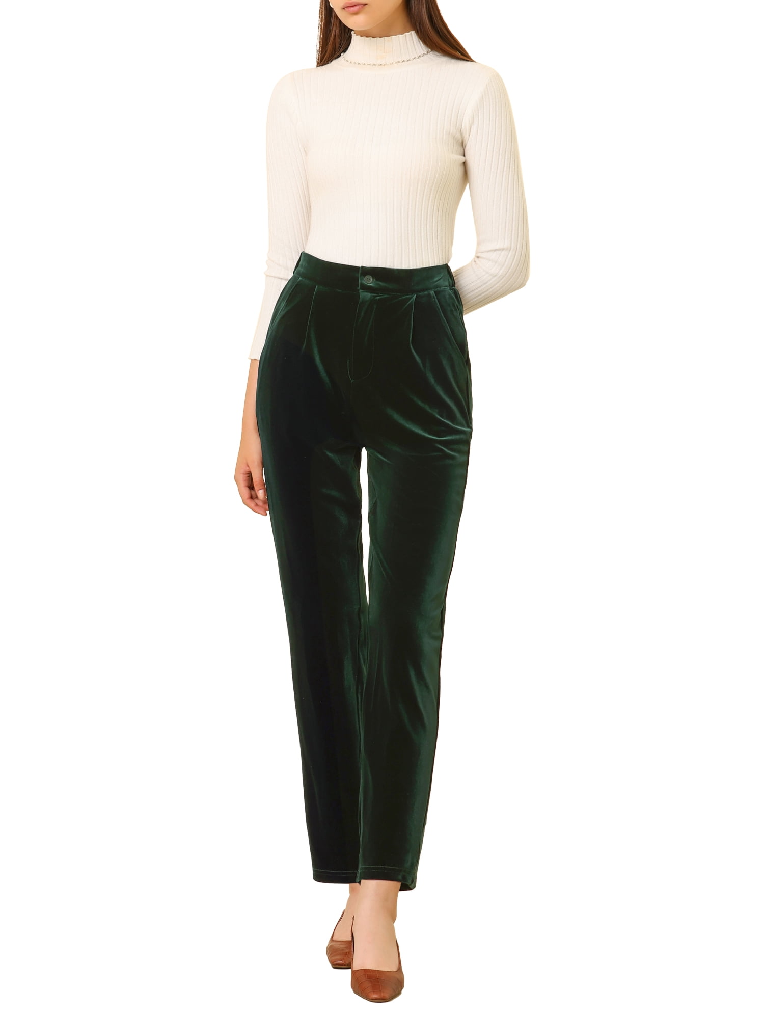 DARING DIVA Women's Elegant Velvet High Waist Trousers Work Pants L Deep Green