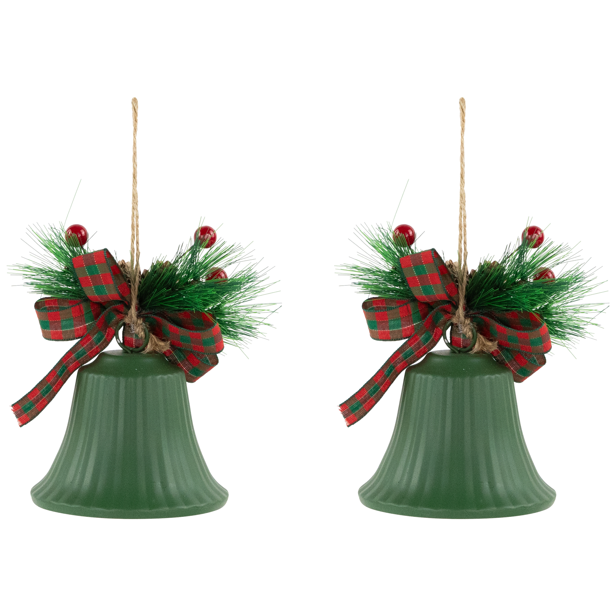 Northlight Christmas Bells with Pinecones and Plaid Bow Ornaments - 7" - Green - Set of 2