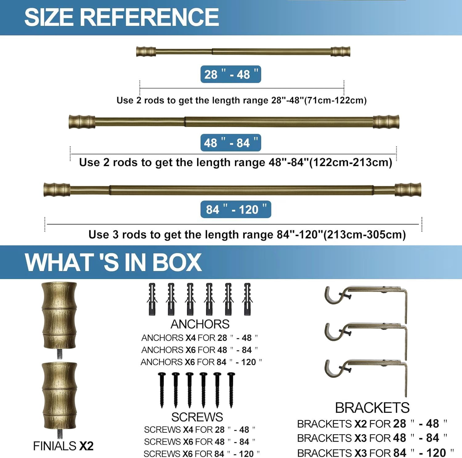 Urbanest Adjustable Single Curtain Rod Set Bamboo Finials – 1 - Inch Diameter, With Renaissance Gold Rod, 28–48 Inches