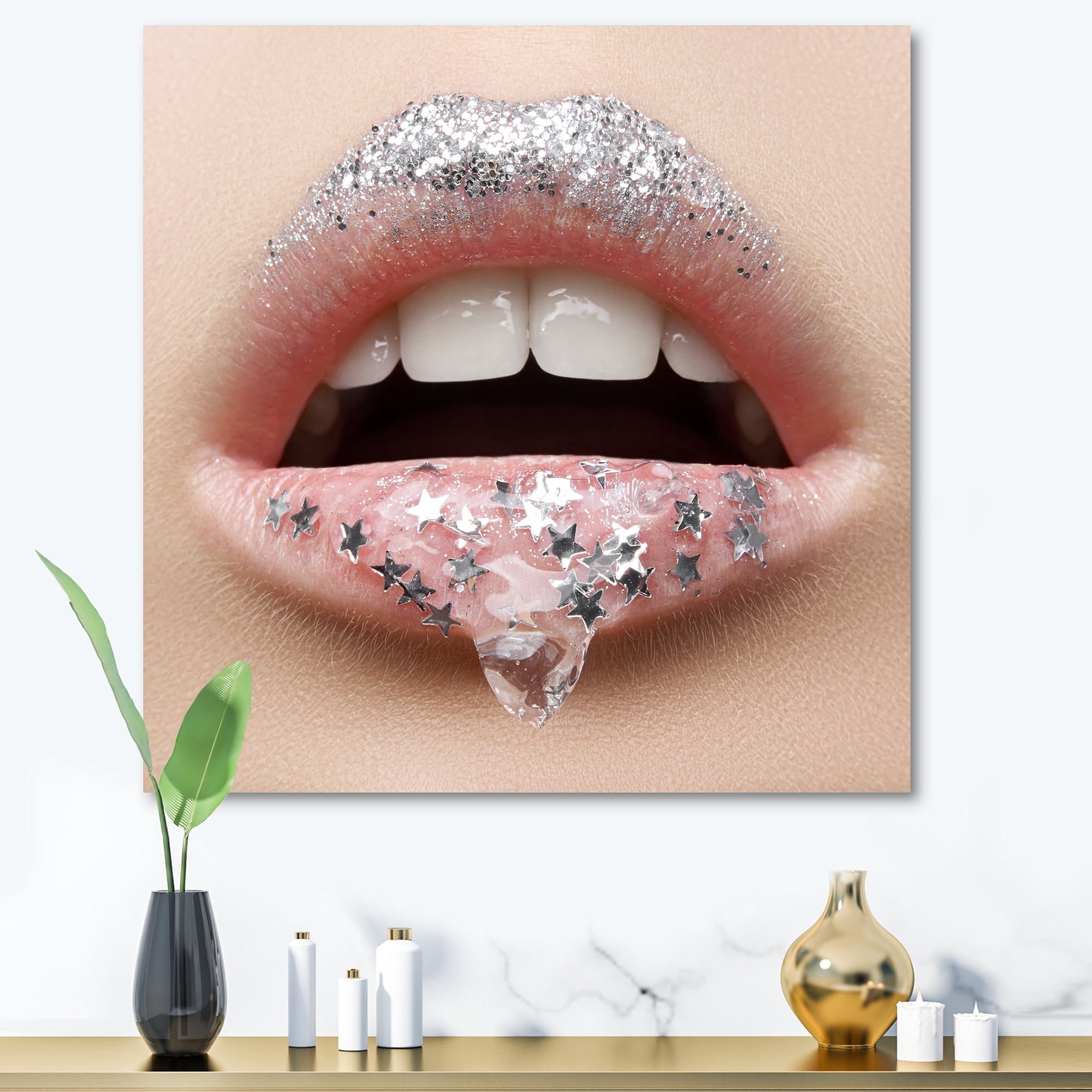 Designart ' Woman Lips With A Gel On The Lips & Stars ' Modern Canvas Wall Art Print