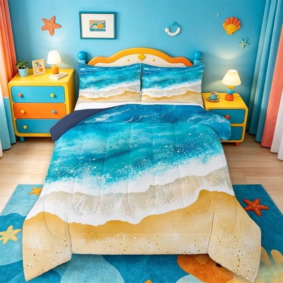 jejeloiu Watercolor Ocean Waves Full Size Comforter Sets,Sand Beach Print Bedding Comforter Set For Boys,Blue Beige,Navy Blue Reversible,3-Piece,1 Comforter and 2 Pillowcases