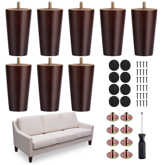 TURSTIN 8 Pieces Furniture Legs 4 Inches Round Solid Wood Furniture Feet Couch Legs Sofa Legs Replacement Legs for Armchair, Cabinet, Chair, Dresser or Home DIY Projects, Brown