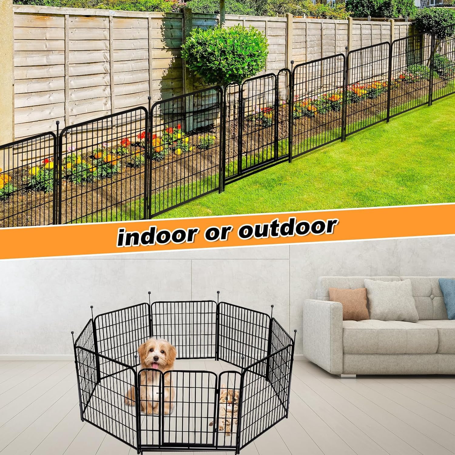 36-inch decorative garden fence with gate, 8 panels, 8.7 feet long, heavy-duty wrought iron animal barrier, suitable for patios, indoor pets or outdoor dogs, and garden boundaries.