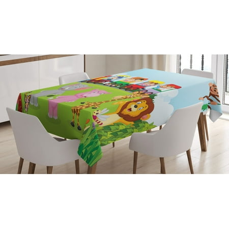 

Cartoon Tablecloth Kids Nursery Design Happy Children on a Choo Choo Train with Safari Animals Artwork Rectangular Table Cover for Dining Room Kitchen 52 X 70 Inches Multicolor by Ambesonne