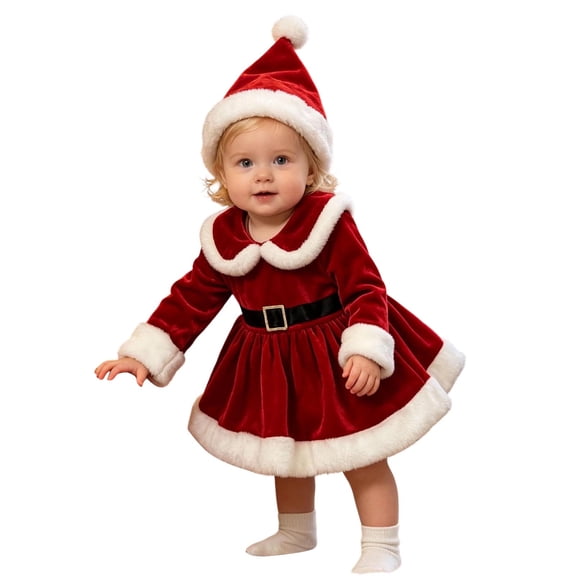 Baby Girl Christmas Dress Romper Dress Red Velvet Long Sleeve Tulle Dress with Headband Size 12-18 Months