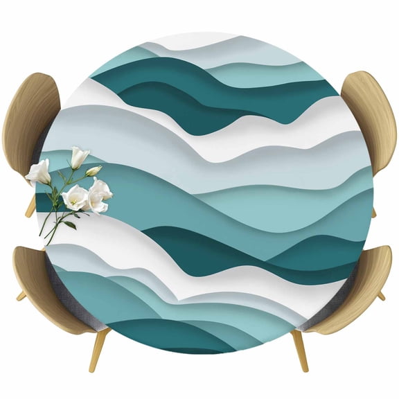 Turquoise Ombre Fitted Tablecloth with Elastic Edged, Round Table Cloth for Dining Table, Modern Geometric Moire Abstract Art Waterproof Oil Proof Table Cover for Indoor Outdoor 55"-60"