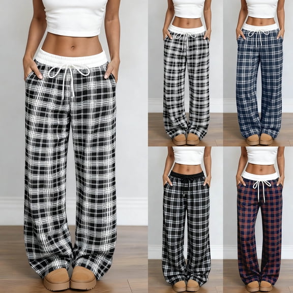larppty Women's Plaid Wide-Leg Baggy Pants - Elastic Waist, with Pockets | Pajama & Loungewear（Black，XXL）