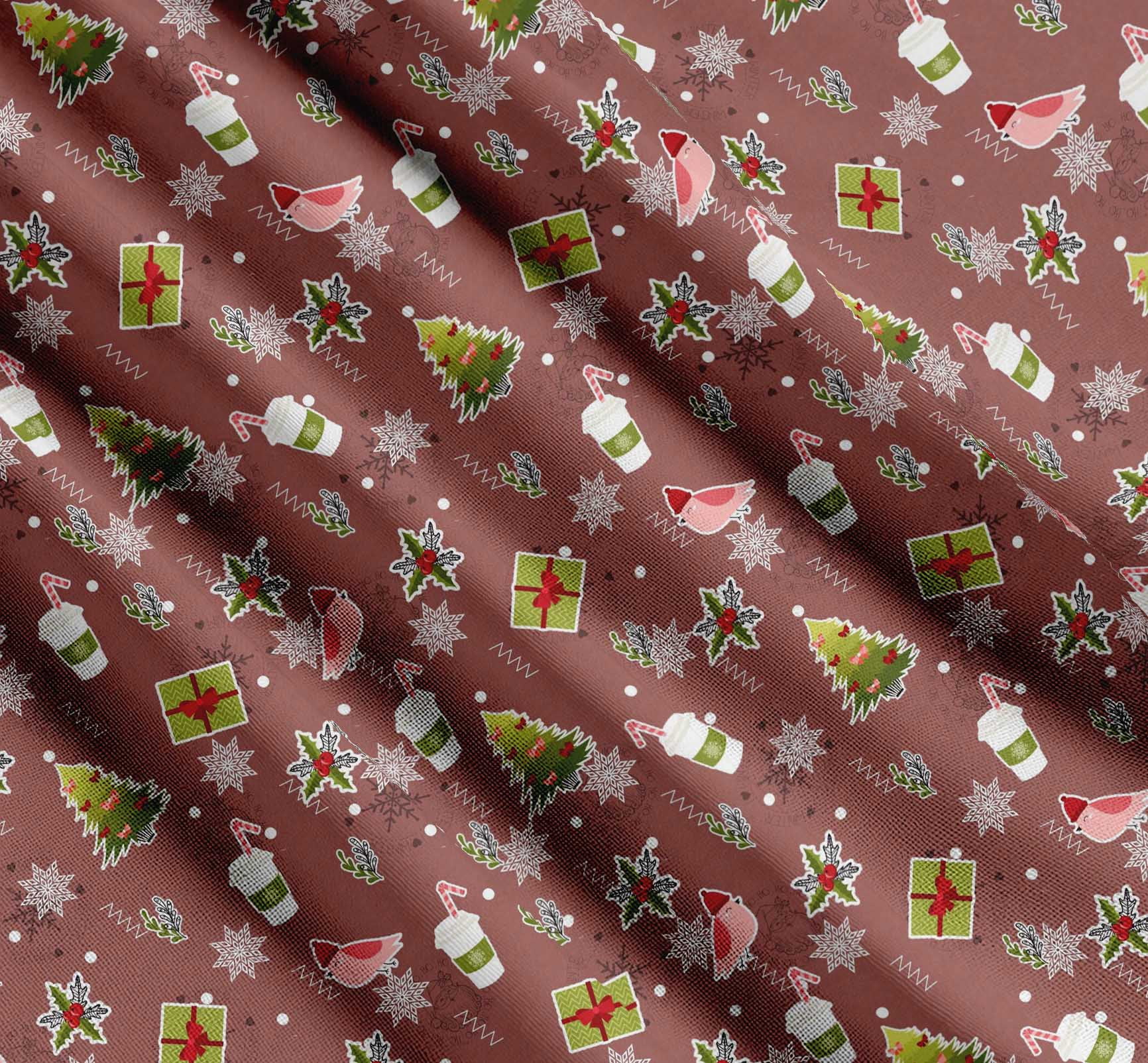 Soimoi Brown Cotton Voile Fabric Coffee Cup,Gift Box & Tree Christmas Print Fabric by the Yard 56 Inch Wide