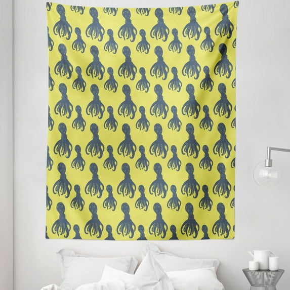 Octopus Tapestry, Hand Drawn Abstract Marine Underwater Animals on Yellow Background, Fabric Wall Hanging Decor for Bedroom Living Room Dorm, 5 Sizes, Pale Yellow Cadet Blue, by Ambesonne