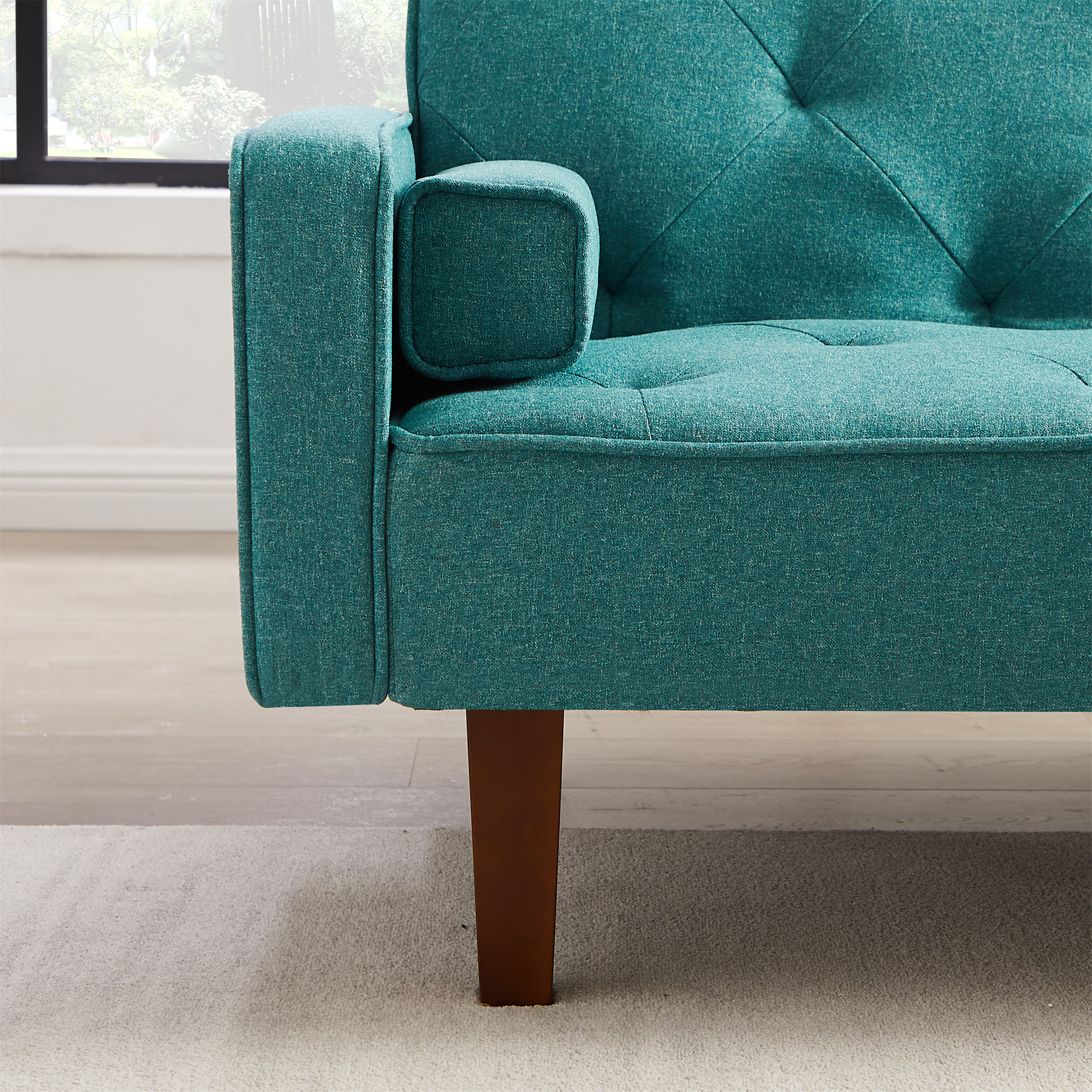 Aukfa 75" Square Arm Futon Convertible Sofa, Solid Wood Legs, Tufted Back, 2 Pillows, Blue