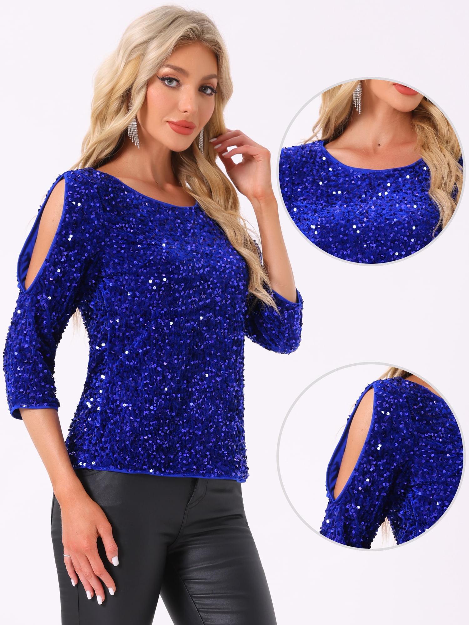 DARING DIVA Women's Sparkle Sequin Velvet Cut Out Half Sleeve Blouse L Dark Blue