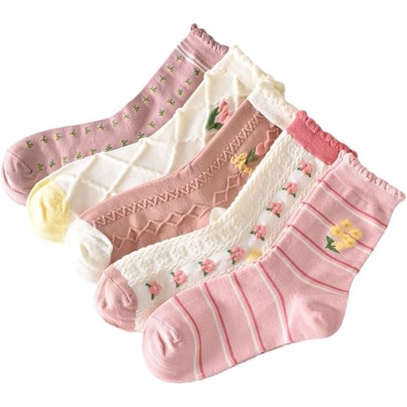Zhengup Women's 5 Pairs Flower Coquette Lace Frilly Socks Cottagecore Cable Knitted Socks Aesthetic Harajuku Ankle Socks