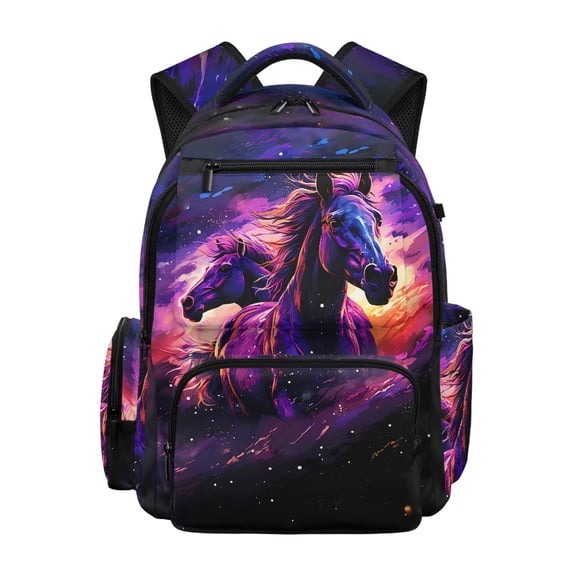 FUIALDOLG Starry Sky Two Horses School Bookbag with Water Bottle Pockets, Lightweight Waterproof 17 Inch Backpack for Travel Primary School