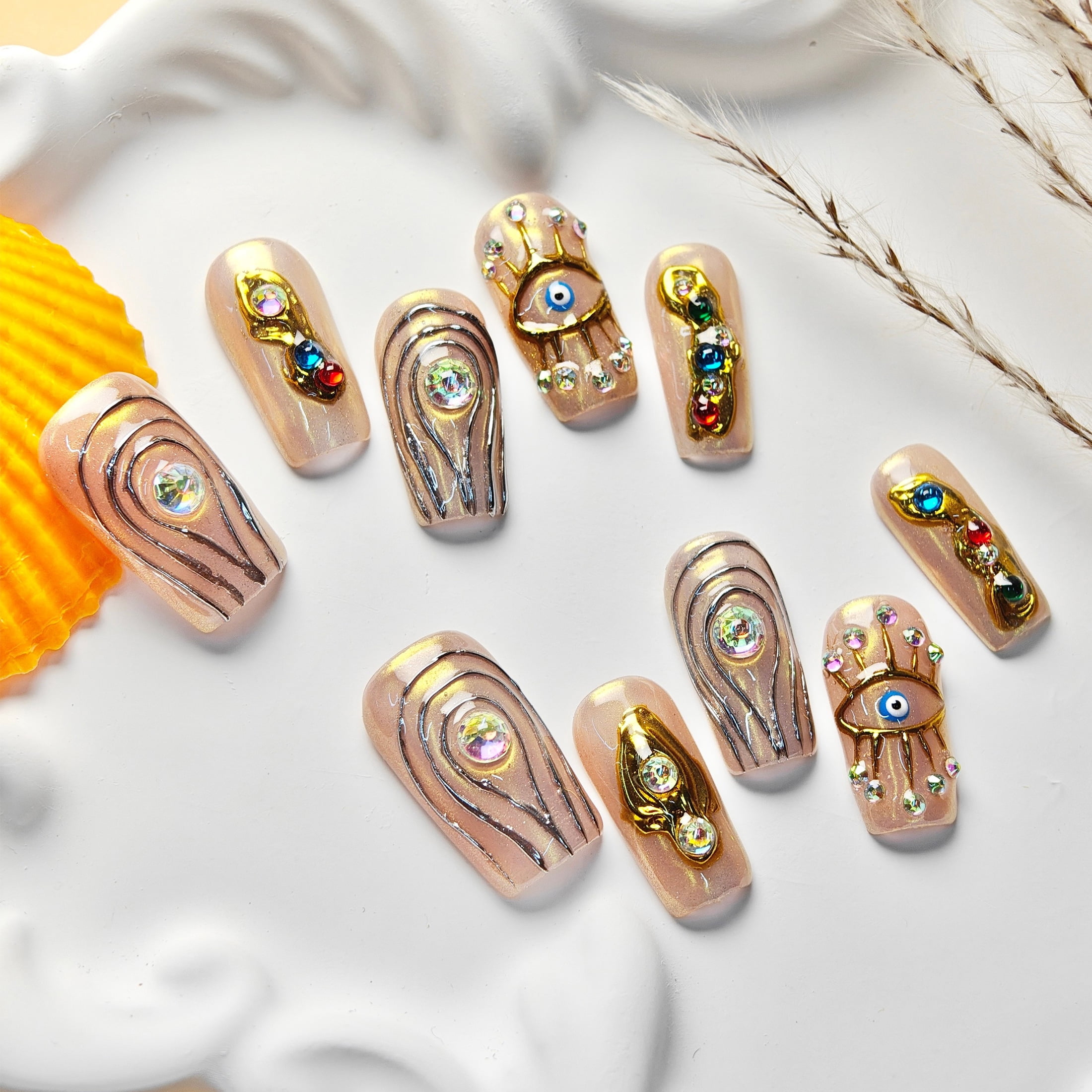 10pcs Stiletto Medium Handmade Y2K Nails - Pink & Nude Base, Hand Drawn Gold Eye & Line Patterns, 3D Rhinestone & Colorful Gems, Summer & Party Nails for Women