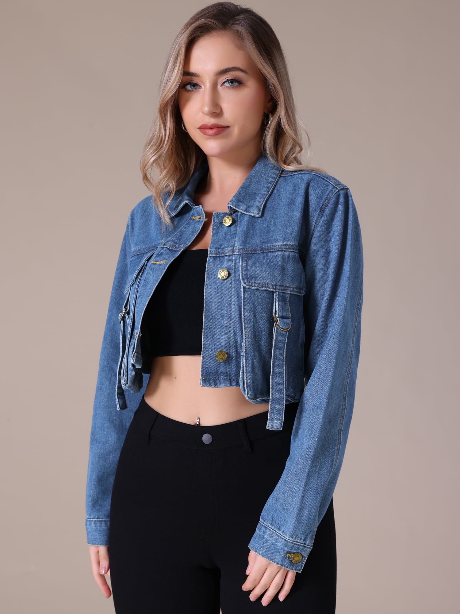 Unique Bargains Women's Button Down Cargo Pockets Washed Jean Jackets S Blue