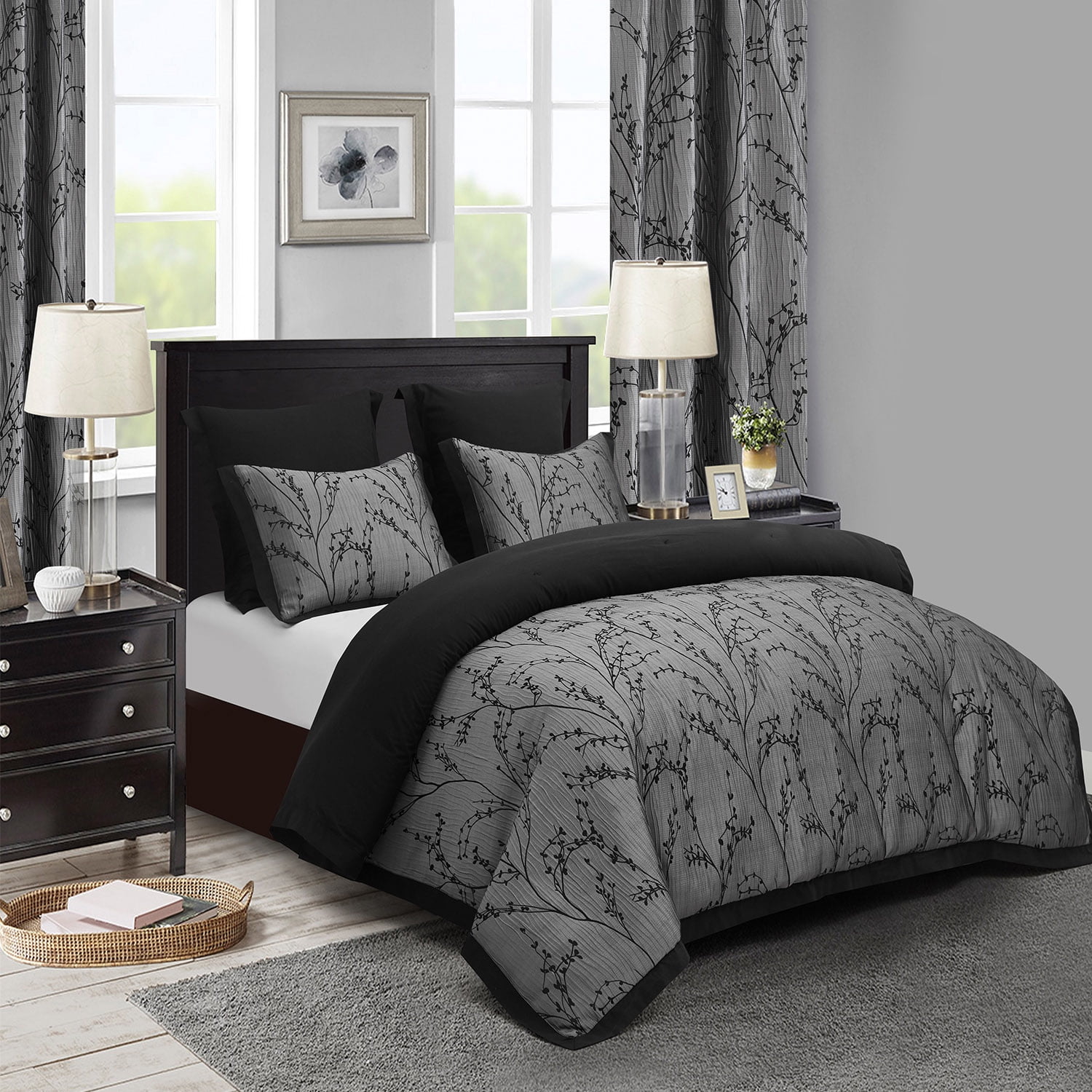 7PC Gray Jacquard Patchwork Comforter Set with Matching Curtains, Bed in a Bag,King