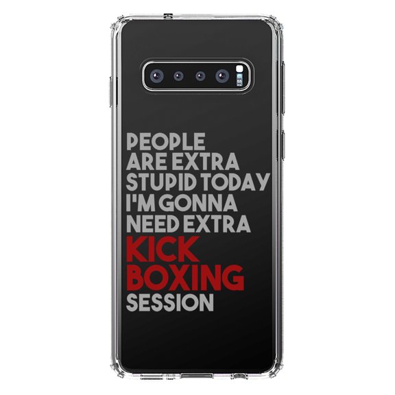 DistinctInk Clear Shockproof Hybrid Case for Samsung Galaxy S10  PLUS (6.4" Screen) - TPU Bumper Acrylic Back Tempered Glass Screen Protector - People Are Stupid Need Extra Kick Boxing