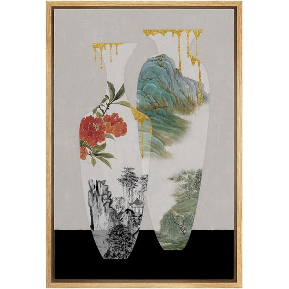 IDEA4WALL Framed Canvas Wall Art Vintage Porcelain Vase With Landscape Paintings Art Pastel Nature Wilderness Botanical Retro Print Relax/Calm for Living Room, Bedroom, Office - Natural 24"x36"