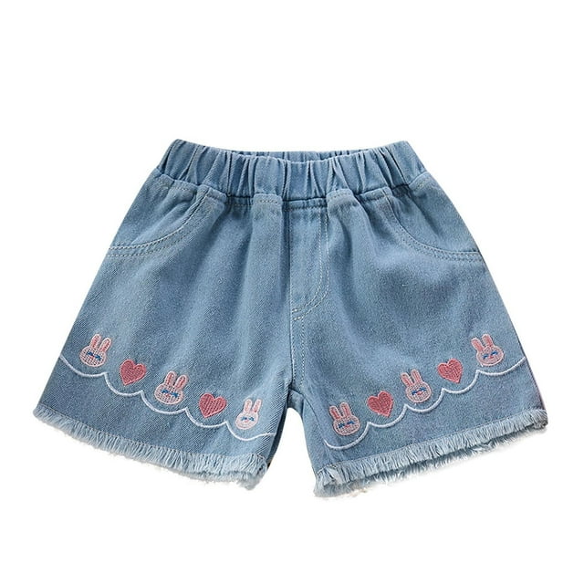 Odeerbi 1-10 Años Niños Niñas Verano Denim Cortos Conejo Bordado Jeans Cortos Sueltos Cómodos Elásticos de Cintura Cortos Casuales