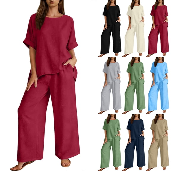 Bloomae Womens 2 Piece Outfits Lightweight Summer Cotton Linen Casual Lounge Matching Sets Loose Fit Roll-up Short Sleeve Crew Neck Gauze Tops and Wide Leg Pants with Pockets Set Blue XXL