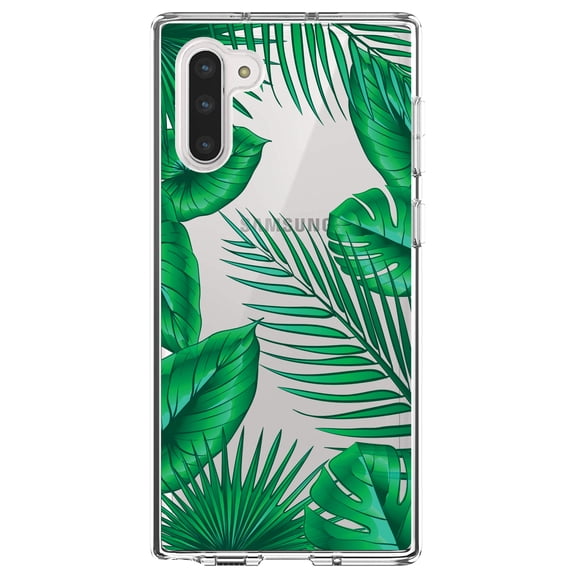 DistinctInk Clear Shockproof Hybrid Case for Samsung Galaxy Note 10 (6.3" Screen) - TPU Bumper, Acrylic Back, Tempered Glass Screen Protector - Green Tropical Leaves