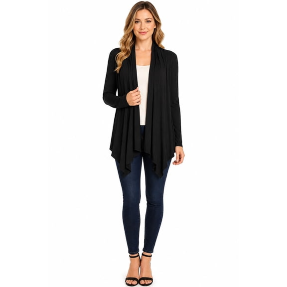 Moa Collection Women's Long Sleeve Draped Neck Open Front Waist Length Solid Cardigan