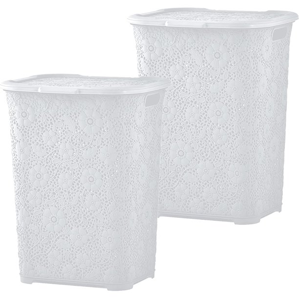Superio 50L Large Lace Plastic Laundry Hamper with Lid White Smoke (2