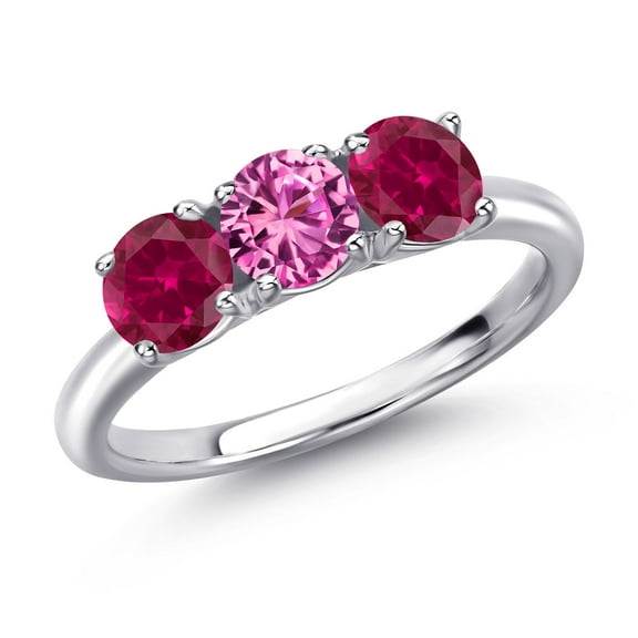 Gem Stone King 925 Sterling Silver Pink Created Sapphire and Red Created Ruby Engagement Ring for Women | 1.75 Cttw | Round 5MM | Gemstone September Birthstone | Size 8