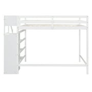 Euroco Modern Wood Full Size Loft Bed with Storage Wardrobe and Shelves for Kids Teens, White