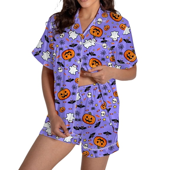 MVRLSH Womens Pajama Sets for Women 2 Piece Halloween Pumpkin Print Button Short Sleeve Shirt And Short Plus Size Cute wear Soft Sleepwear Lounge Set Purple - L