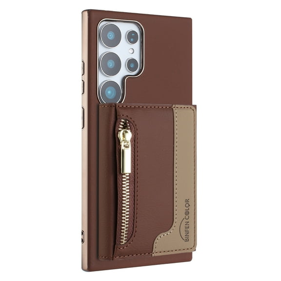 For Samsung Galaxy S24 Ultra Wallet Phone Case,Magnetic Detachable Back Flip Wallet,Back Flip Kickstand,With Zipper Pocket,PU Leather RFID Blocking Card Slots,Shockproof Rugged Phone Case,Brown