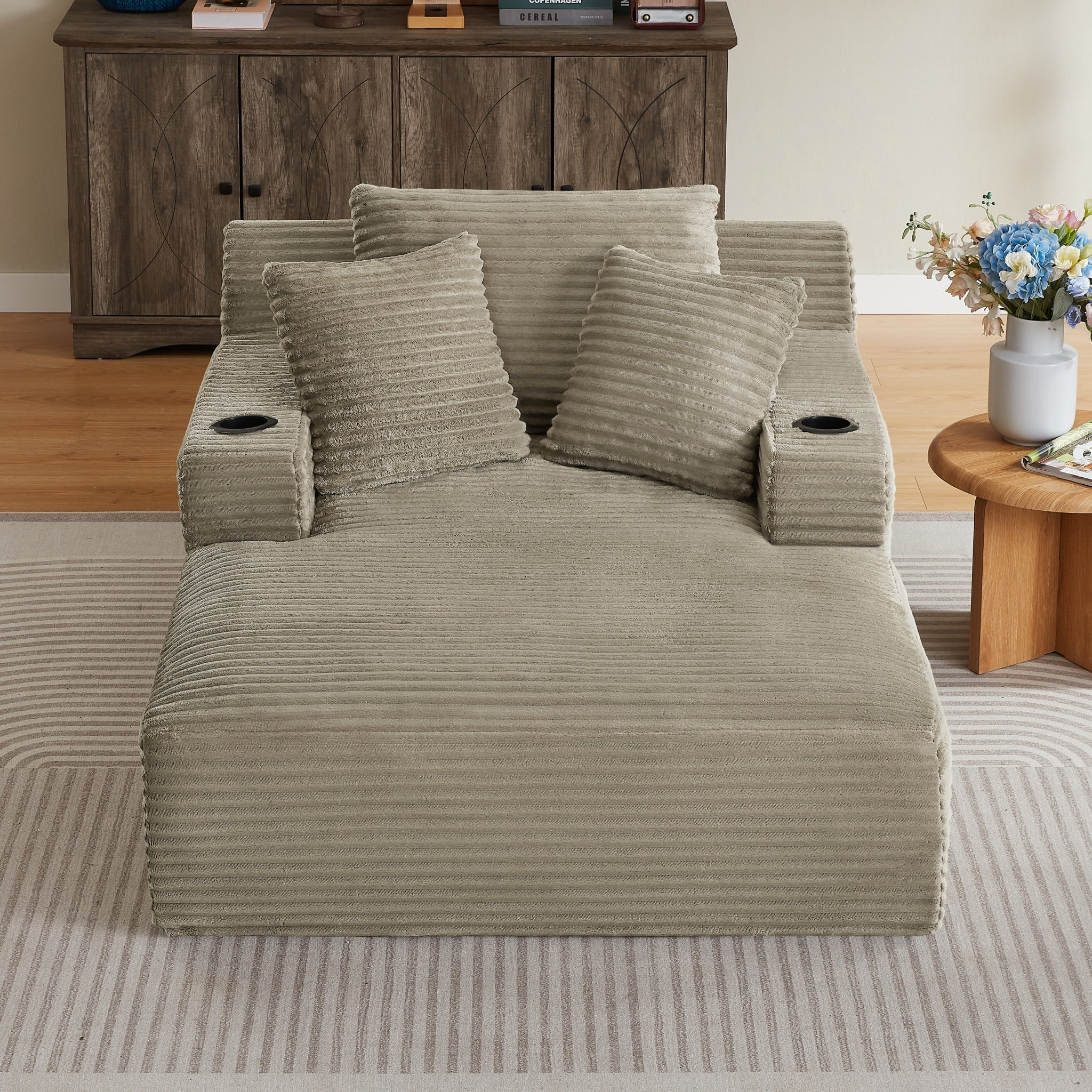 ShiKeyi 66'' Chaise Lounge Chair Indoor, Boneless Sofa Cloud, Plush Corduroy Chaise Couch with Cup Holders, Side Storage Pocket & Pillows, No Assembly Required, Camel