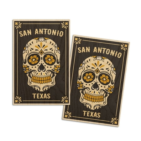 

San Antonio Texas Day of the Dead Sugar Skull and Flower Pattern (Black and Gold) Press (4x6 Birch Wood Postcards 2-Pack Stationary Rustic Home Wall Decor)