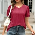 thumbnail image 2 of XuJwPNcy Womens Eyelet Summer Tops Puff Short Sleeve V Neck T-Shirts Casual Dressy Tops Solid Trendy Tunic Blouses, 2 of 7
