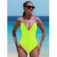 thumbnail image 3 of Women's Swimsuit Tummy Control Deep V Neck Neon Colorblock Swimwear Lemon Yellow S, 3 of 6