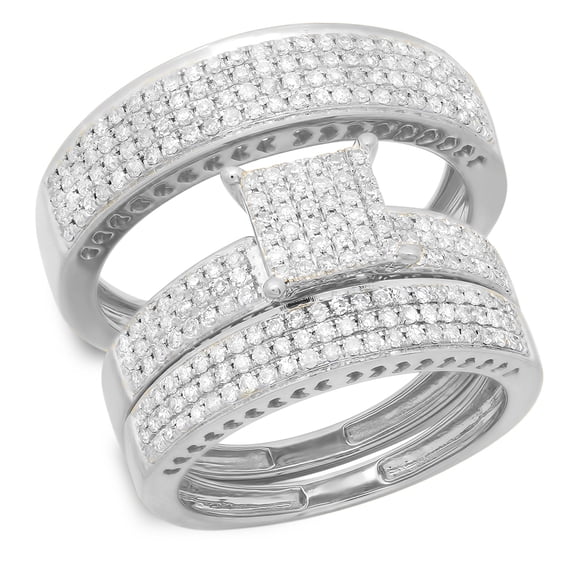 1.10 Carat (ctw) 10K Gold Round White Diamond Ladies & Mens Micropave Engagement Ring Trio Set Band 1 CT
