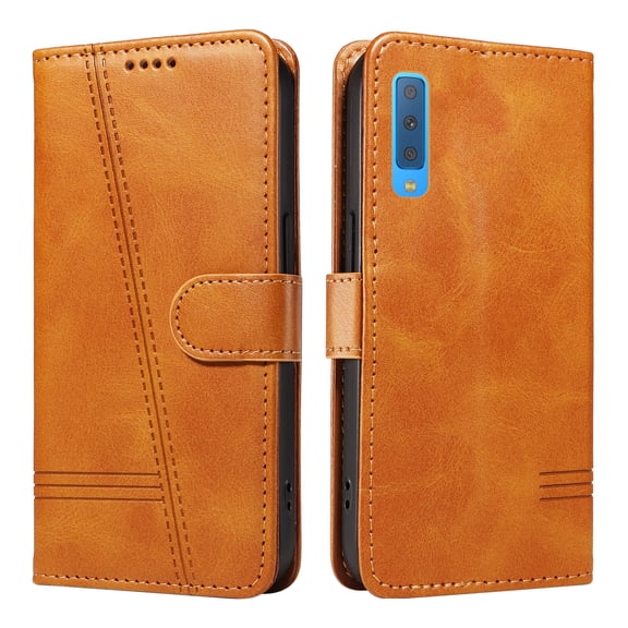 Flip Case for Samsung Galaxy A7 2018, 360 Degree Protection Shockproof PU Leather Wallet Phone Cover, Kickstand and 3 Card Slots, Yellow