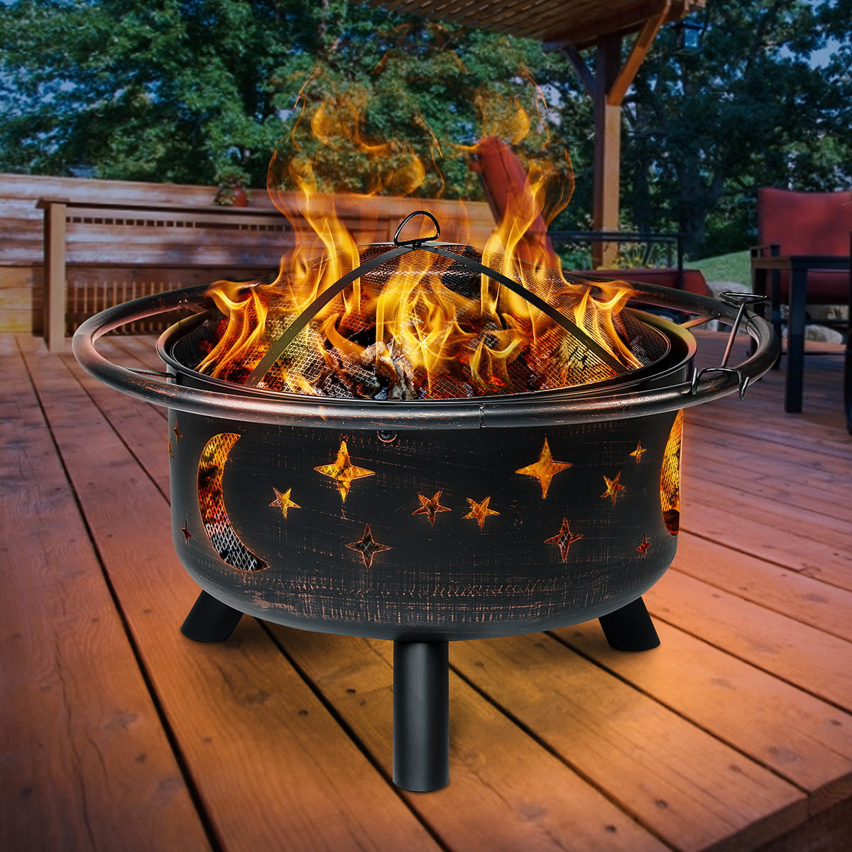 Bestgoods 30" Outdoor Fire Pit, Vintage Round Metal Firepit Bonfire Wood Burning Heater Stove Backyard Patio Garden Firepit with Spark Screen and Fireplace Poker - EASY ASSEMBLY - image 3 of 10