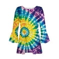 thumbnail image 4 of CYMMPU Loose Fit Button V Neck Flare Sleeve Fall Fashion Shirts Blouses for Women Dressy Casual Spring Tops Tie Dye Tunic Tops 3/4 Sleeve Pleated Dressy T-Shirts Multicolor M, 4 of 5