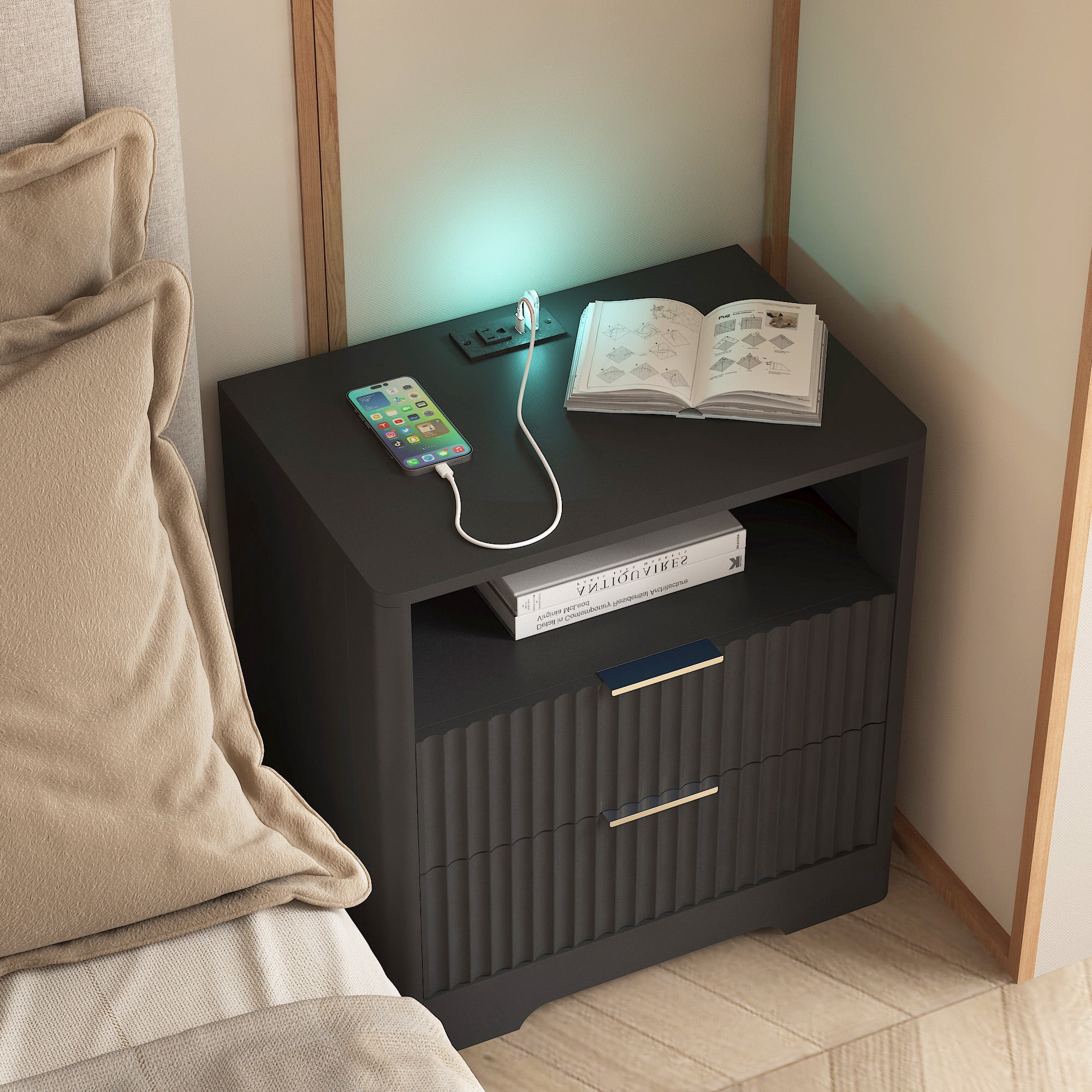 Mintazer Nightstand with Voice-Controlled LED Light & Charging Station, Bedside Table with 2 Drawer Open Shelf for Bedroom, Black