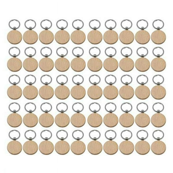50Pcs Blank Round Wooden Key Chain Diy Wood Keychains Key Tags Can Engrave Diy Gifts,50 * Wooden Key Chain,Wood color & Silver