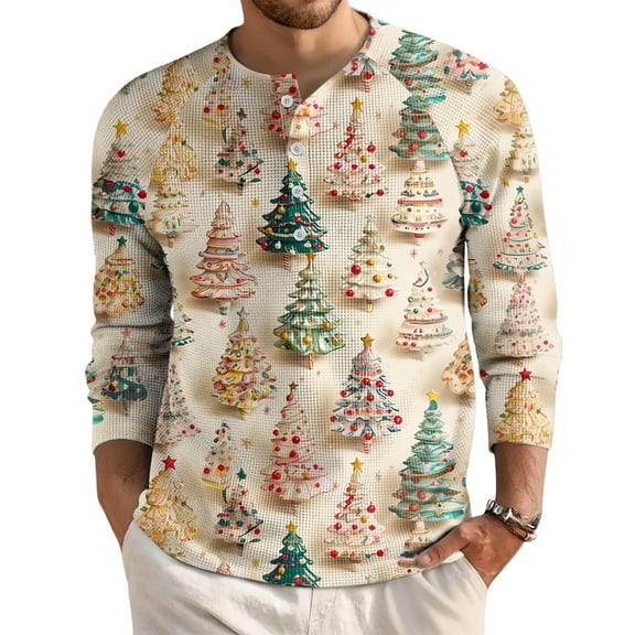 Kixjoy Brown Mens Long Sleeve Tee Shirts Big and Tall Waffle Knit Henley Shirts Button Down Baggy Thermal Tees Christmas Casual Lightweight Mens Pullover, Khaki L