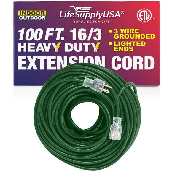 100 ft Power Extension Cord Outdoor & Indoor Heavy Duty 16 Gauge/3 Prong SJTW (Green) Lighted end Extra Durability 10 AMP 125 Volts 1250 Watts ETL Listed by LifeSupplyUSA