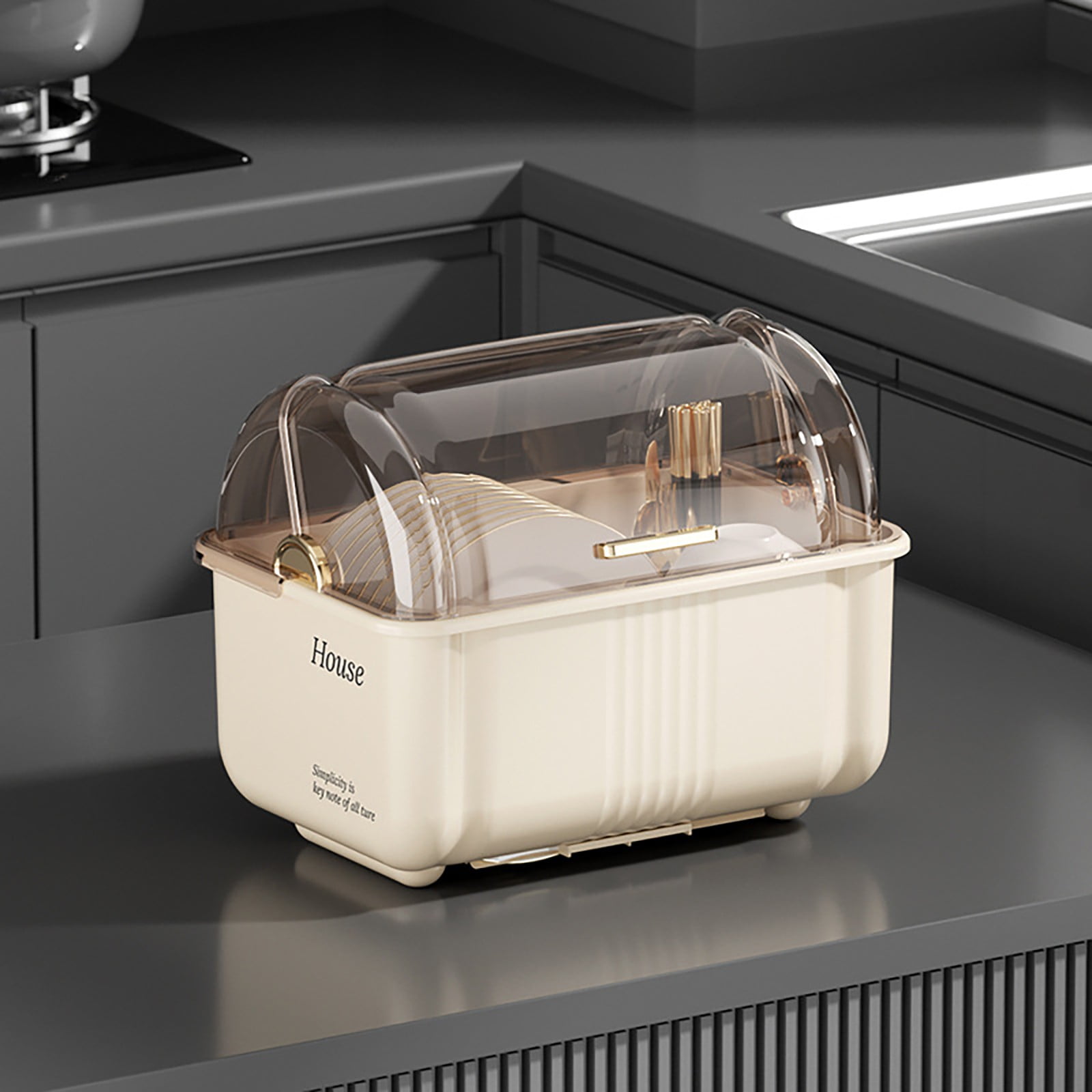 Dish Drying Rack,Plastic Dish Drying Rack,Bottle Dryer Holder with Cover Lid and Removable Drainboard,Utensil and Cup Holder for Kitchen Counter, Dish Dryer Shelf,17.3 x 9 x 10.6 Inch(Beige 42x27cm)