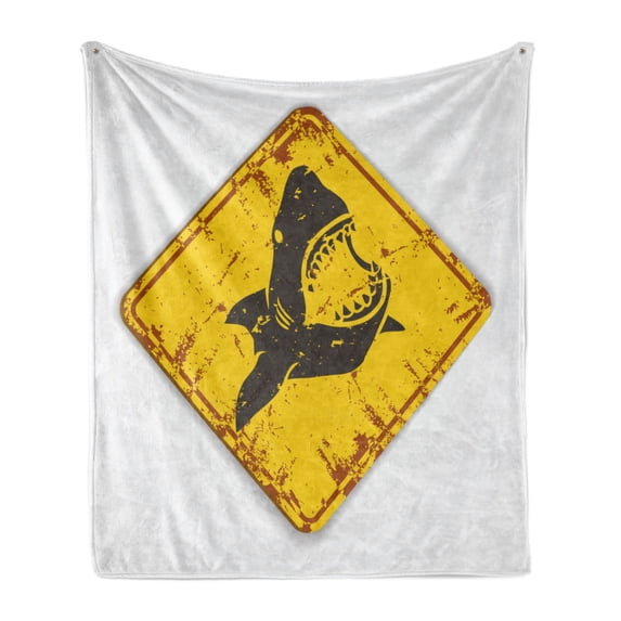 Shark Soft Flannel Fleece Throw Blanket, Caution Shark Sign Sharp Teeth Animal Ocean Danger Do Not Swim Illustration, Cozy Plush for Indoor and Outdoor Use, 60" x 80", Earth Yellow Grey, by Ambesonne