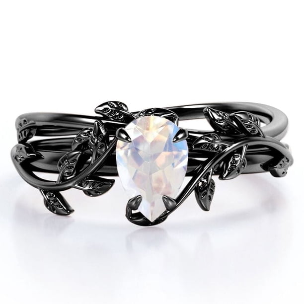 JeenMata Anillo Nupcial de Piedra Lunar Azul con Diseño de Hoja en Forma de Lágrima de 1 Quilate con Engaste en Garra en Baño de Oro Negro de 18 K sobre Plata